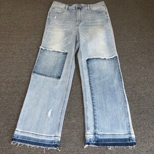 Risen Jeans Patchwork High Rise Straight Leg Light Wash Denim Womens 15/32